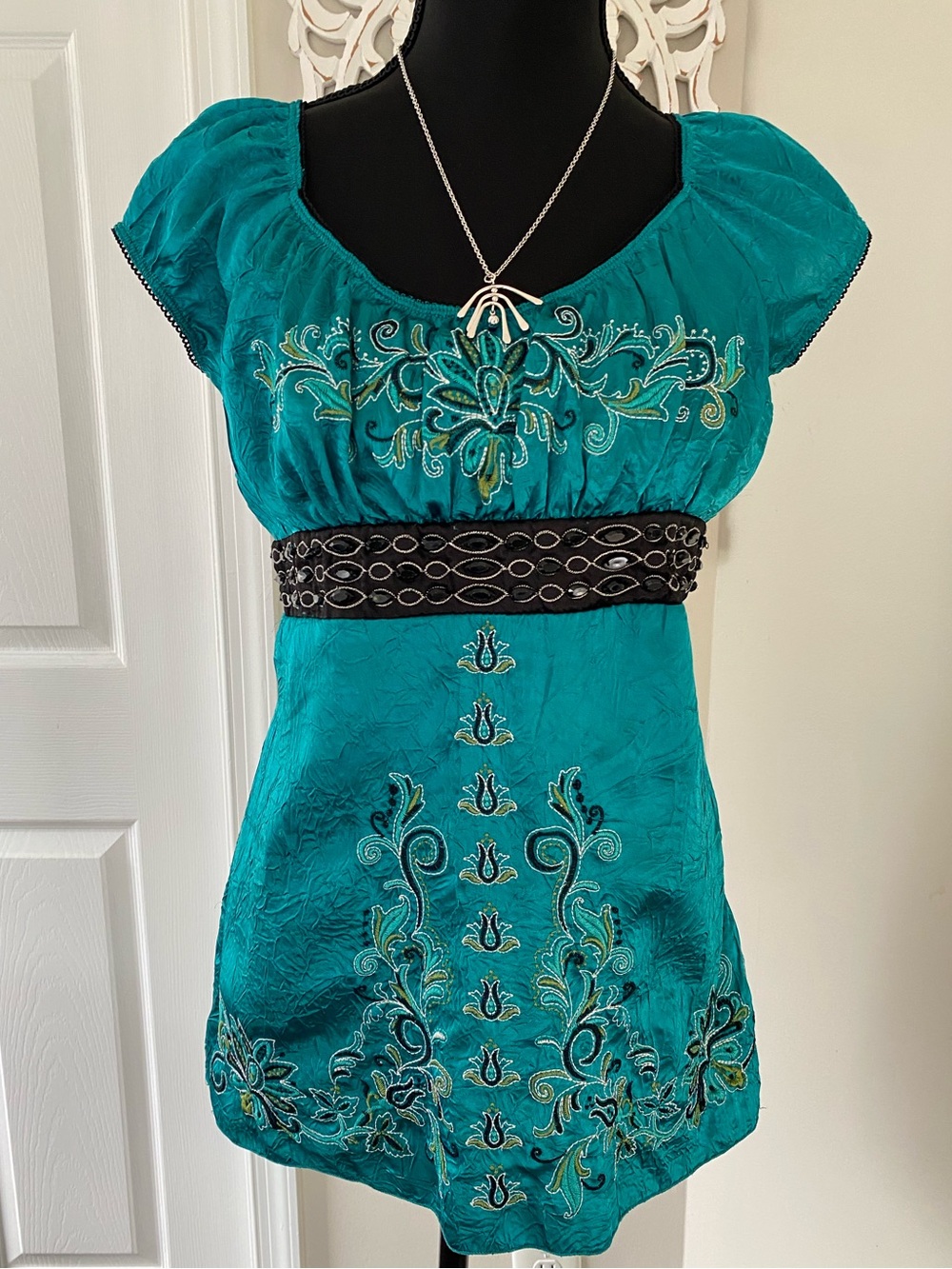 Vintage 90s Y2K Embroidered Crinkle Babydoll Blouse Top Teal Jewel Boho sz L
